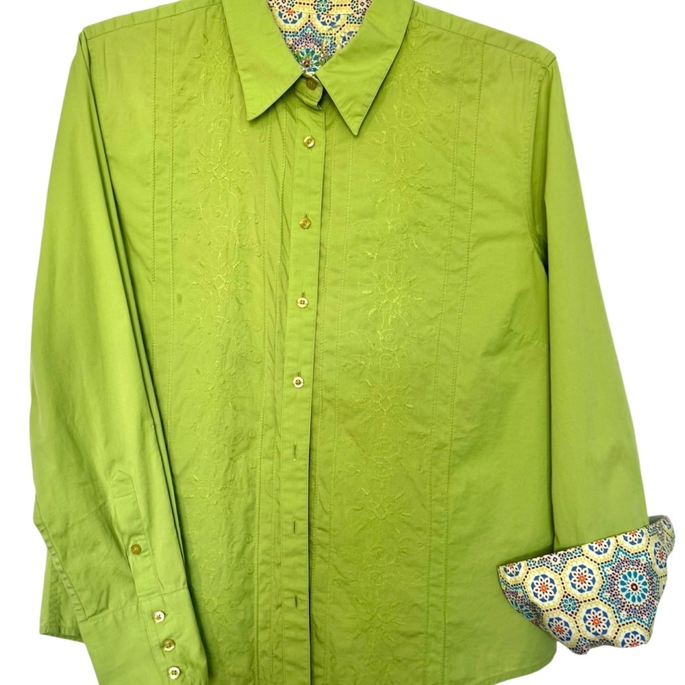Bright Lime Green Embroidered, Cotton, Robert Graham Blouse, XL, Fiesta